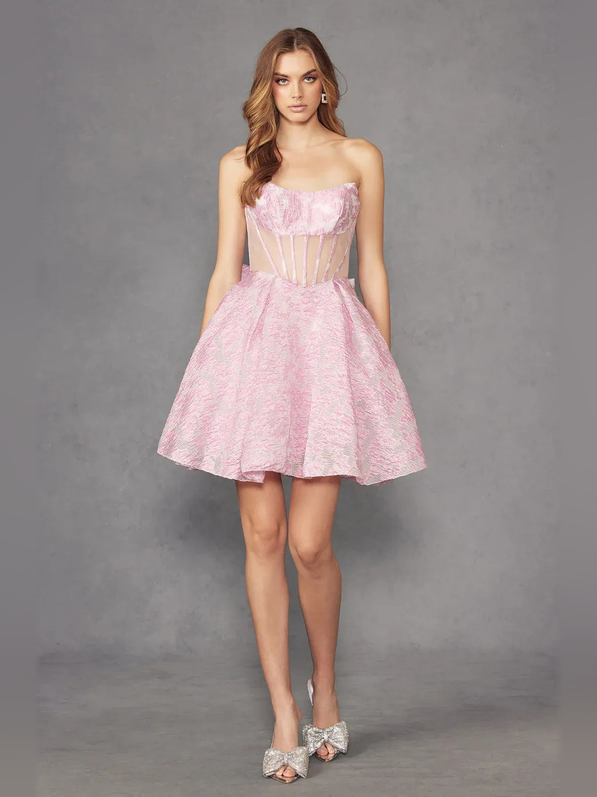 Pink short homecoming dress, alternate view showing the dress shape and hem