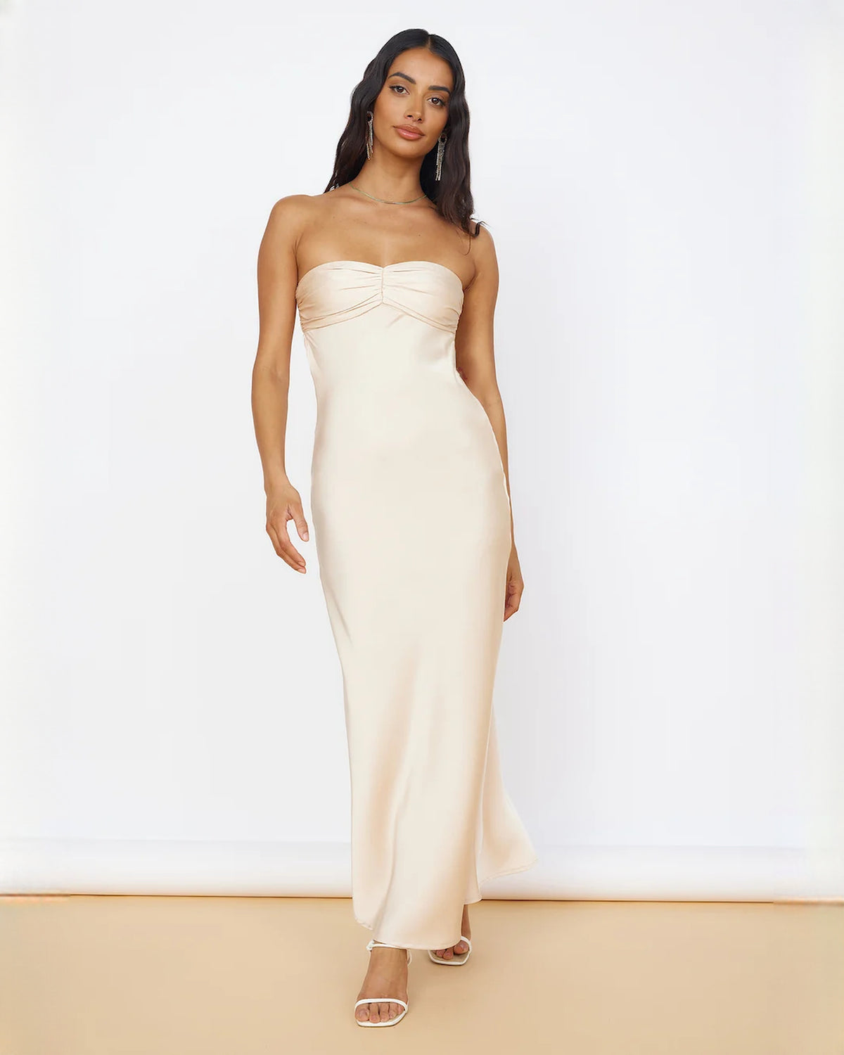 sleeveless satin a-line maxi bridesmaid dress - image 3