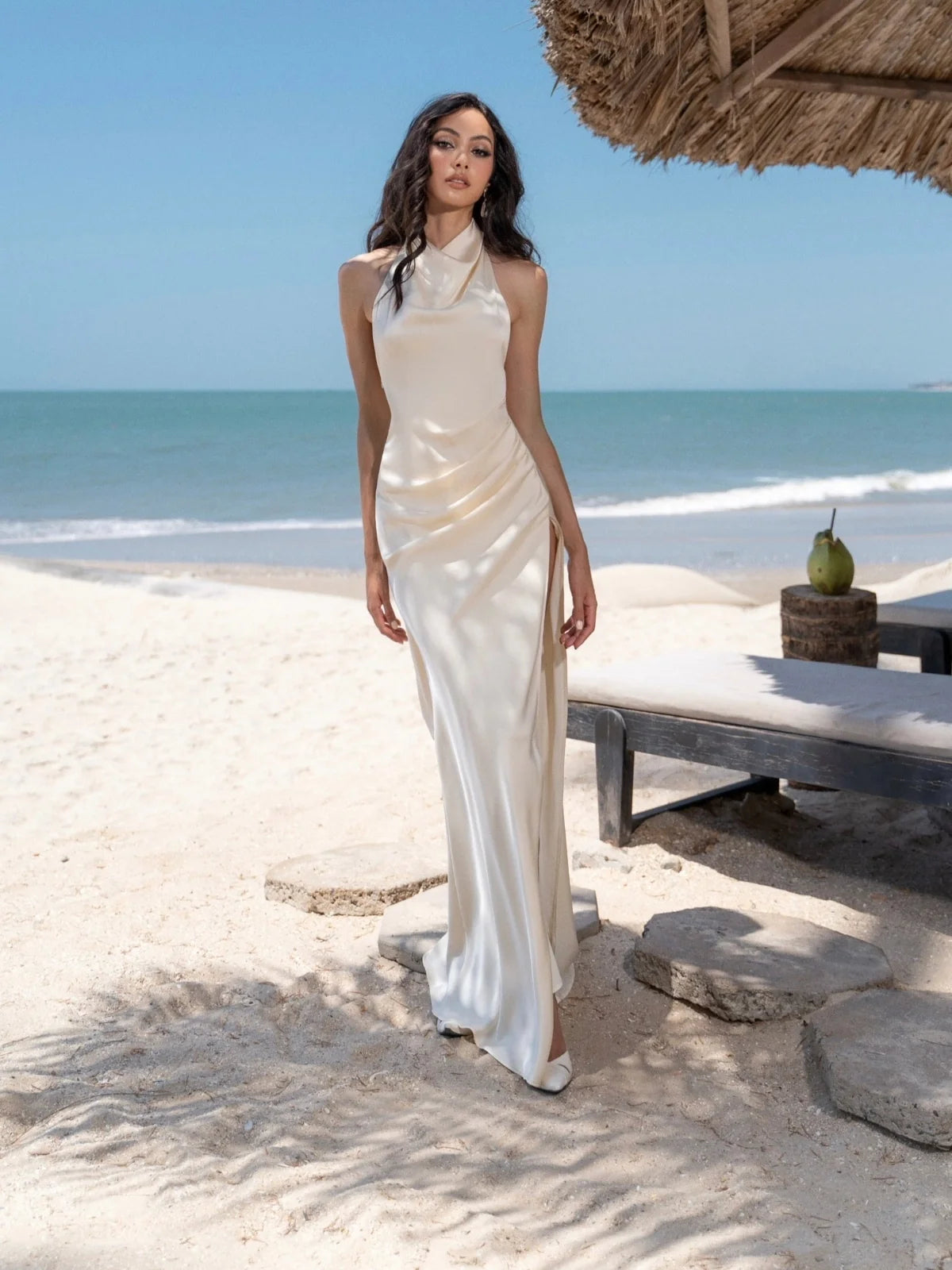 Ivory maxi bridesmaid dress, alternate view showing the dress shape and hem