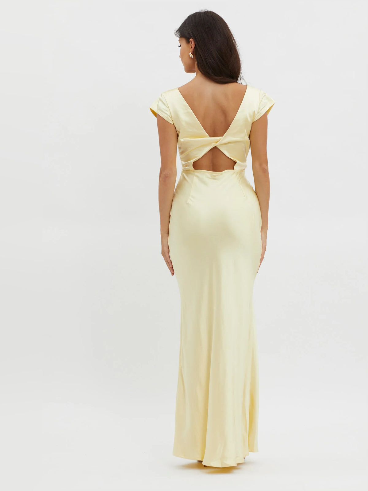 Yellow midi formal dress with V-neckline, alternate view showing the bodice