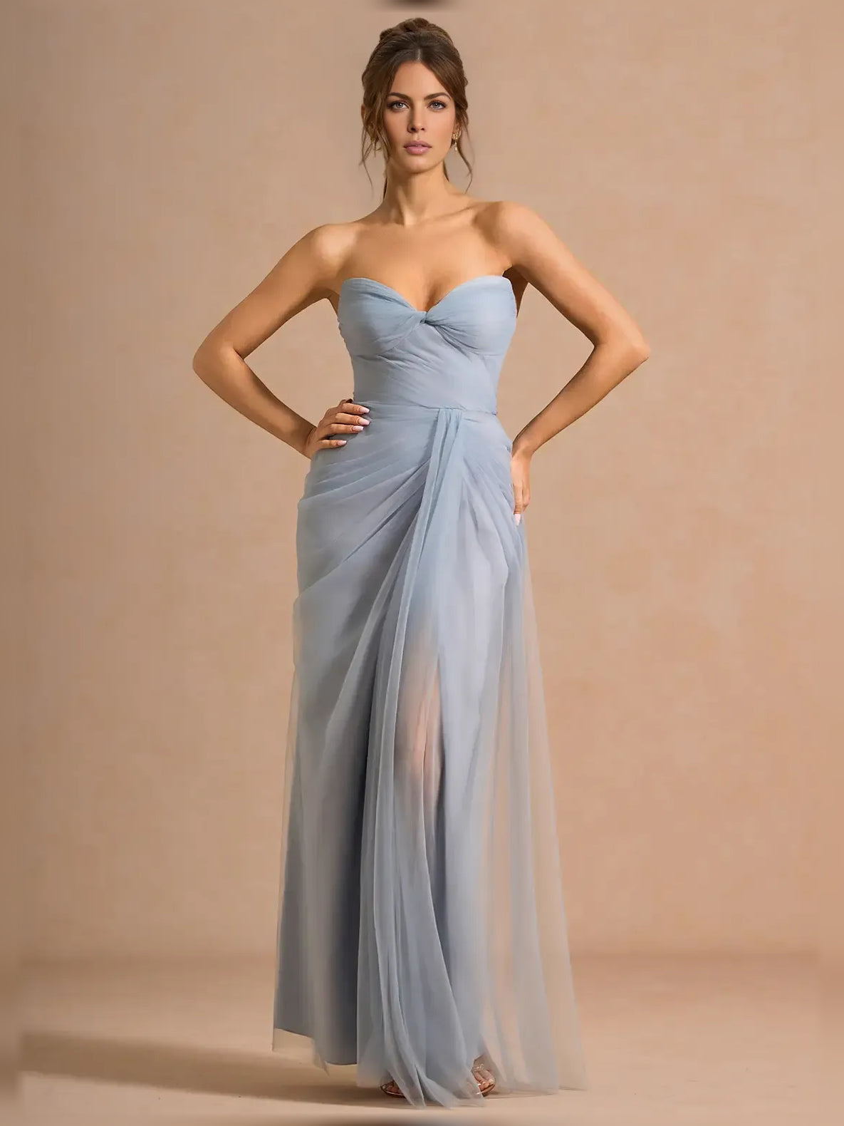 Powder Blue column floor-length formal dress with draping, alternate view