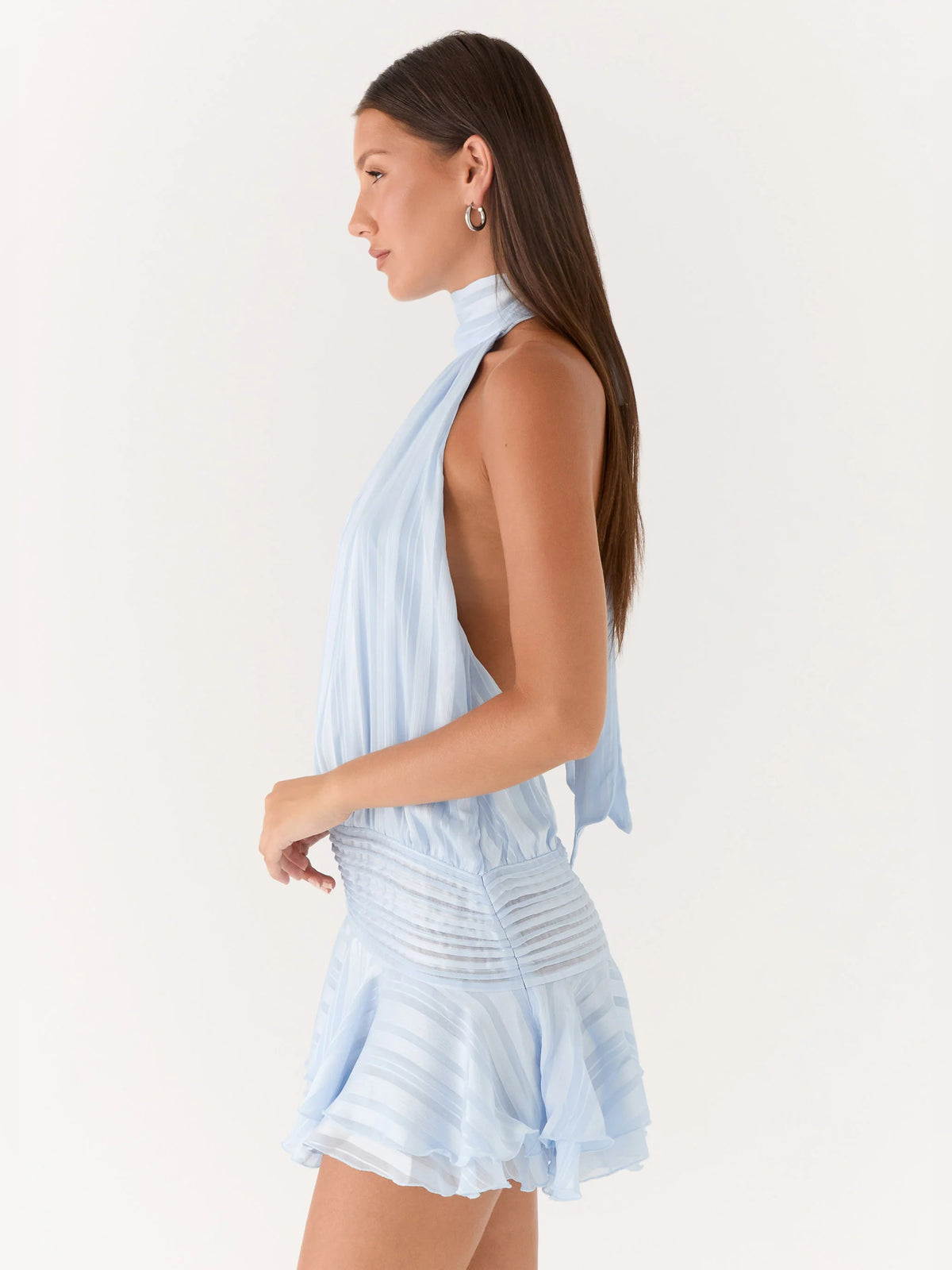 Blue mini homecoming dress, alternate view showing the dress shape and hem