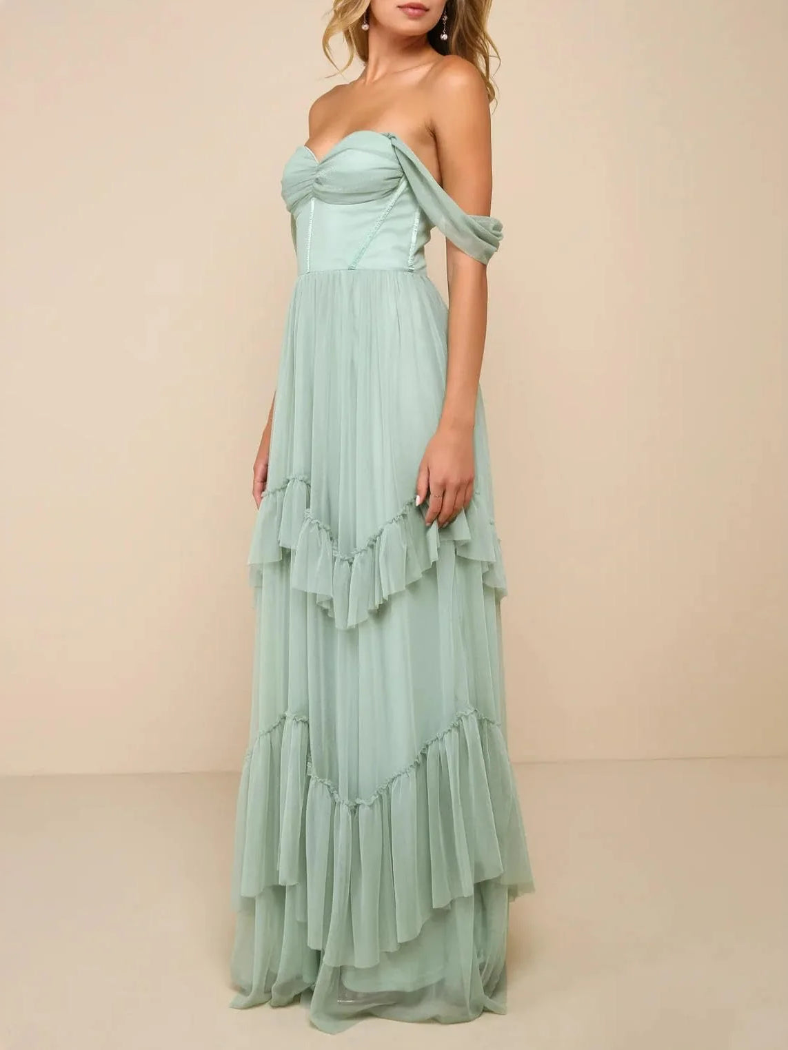 Mint Green floor-length bridesmaid dress, alternate view showing the dress shape and hem