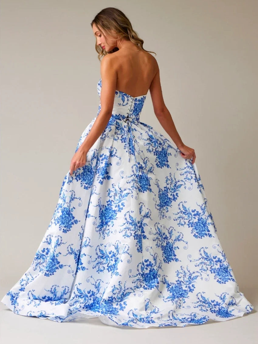 Blue maxi prom dress, alternate view showing the dress shape and hem