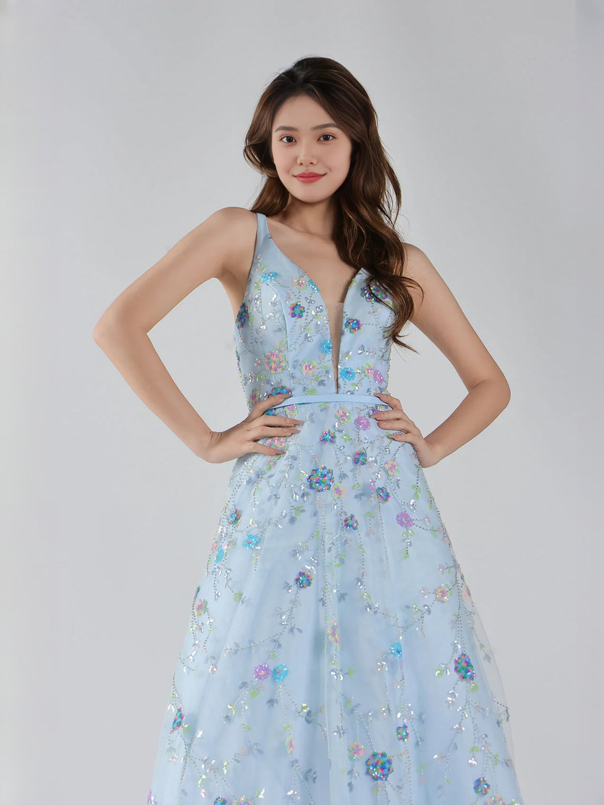 Light Blue floor-length prom dress, alternate view showing the dress shape and hem