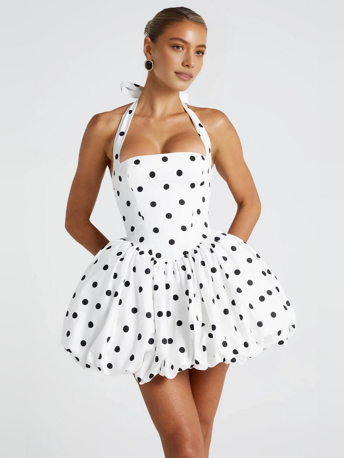 Black & White mini homecoming dress, alternate view showing the dress shape and hem