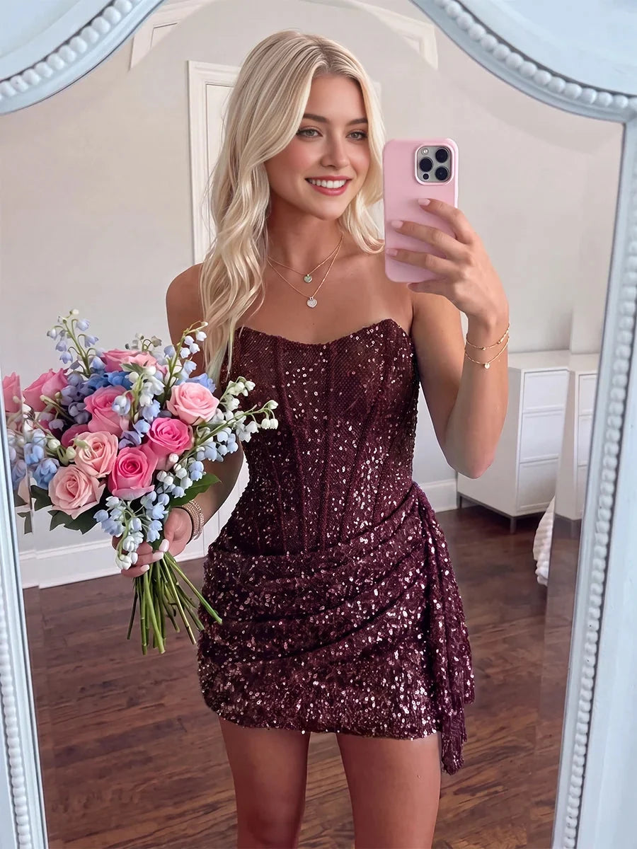 Burgundy mini homecoming dress, alternate view showing the dress shape and hem