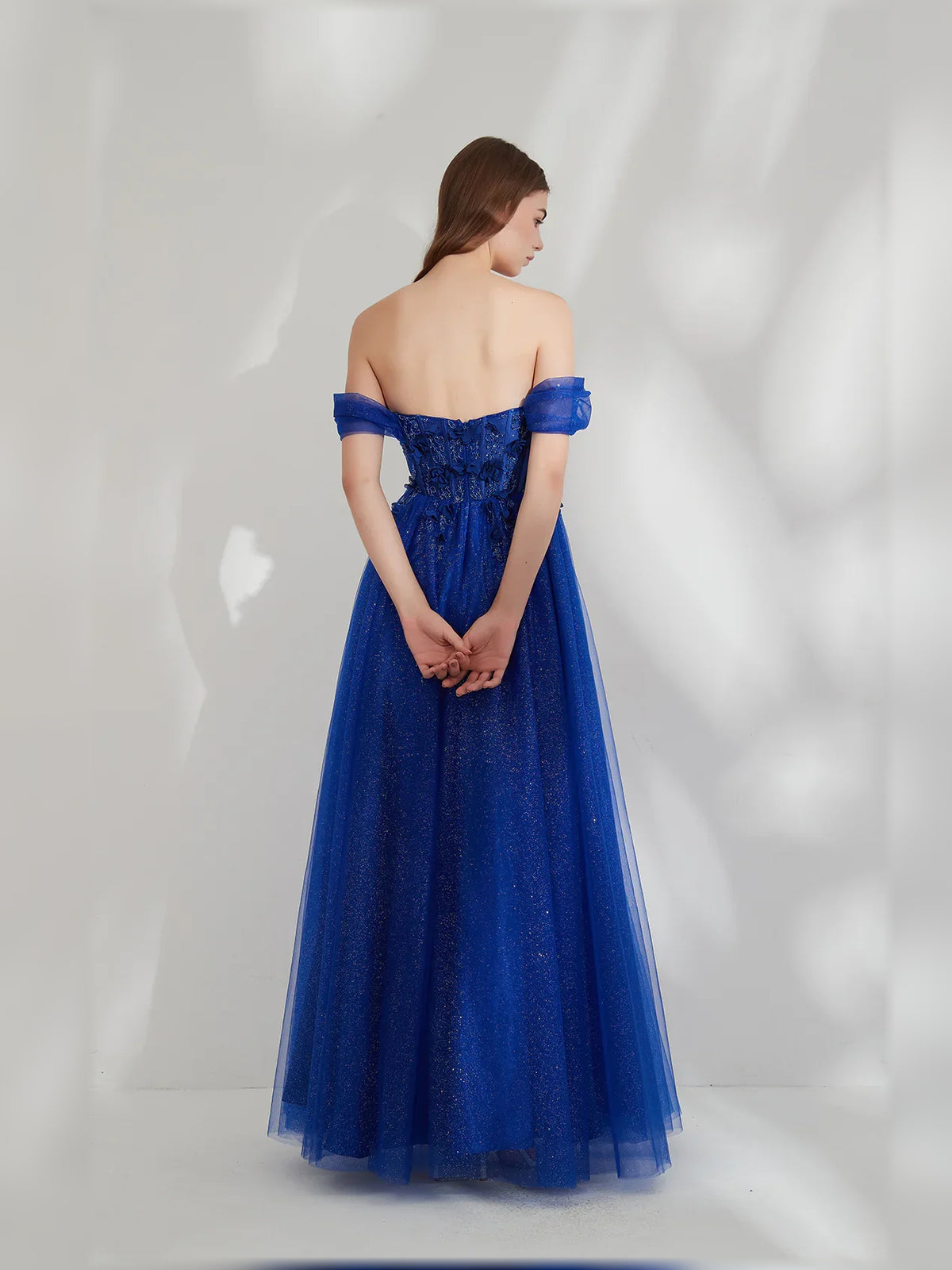 Dark Blue a-line floor-length formal dress with floral print, alternate view