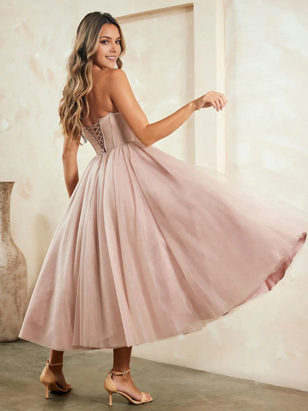Dusty Rose tea-length prom dress, alternate view showing the dress shape and hem