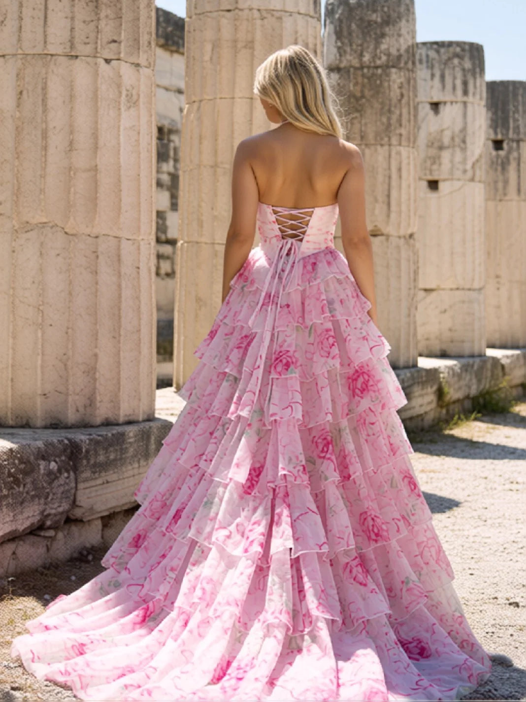 Pink floor-length prom dress, alternate view showing the dress shape and hem