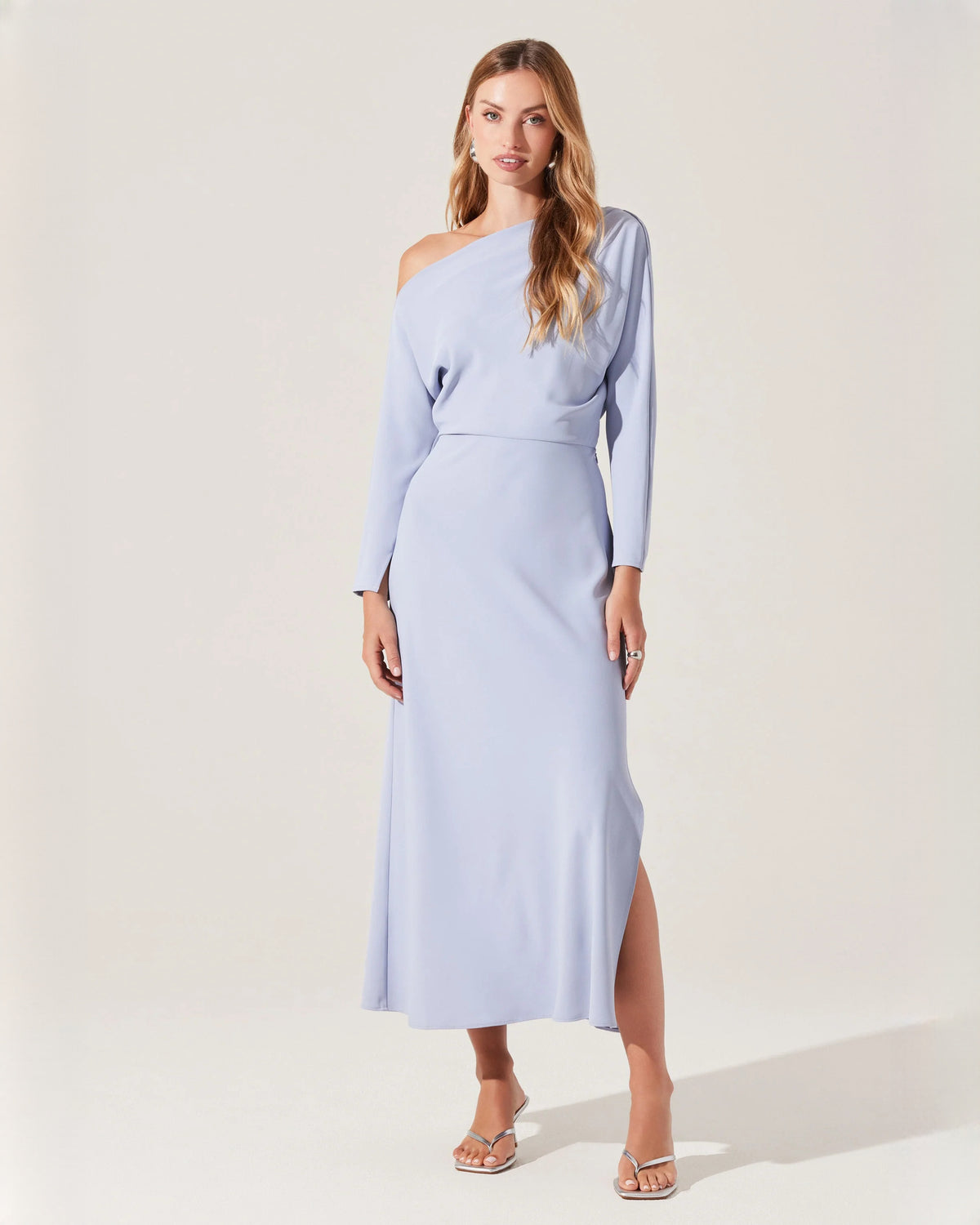 off-shoulder structured satin a-line midi bridesmaid dress - image 3