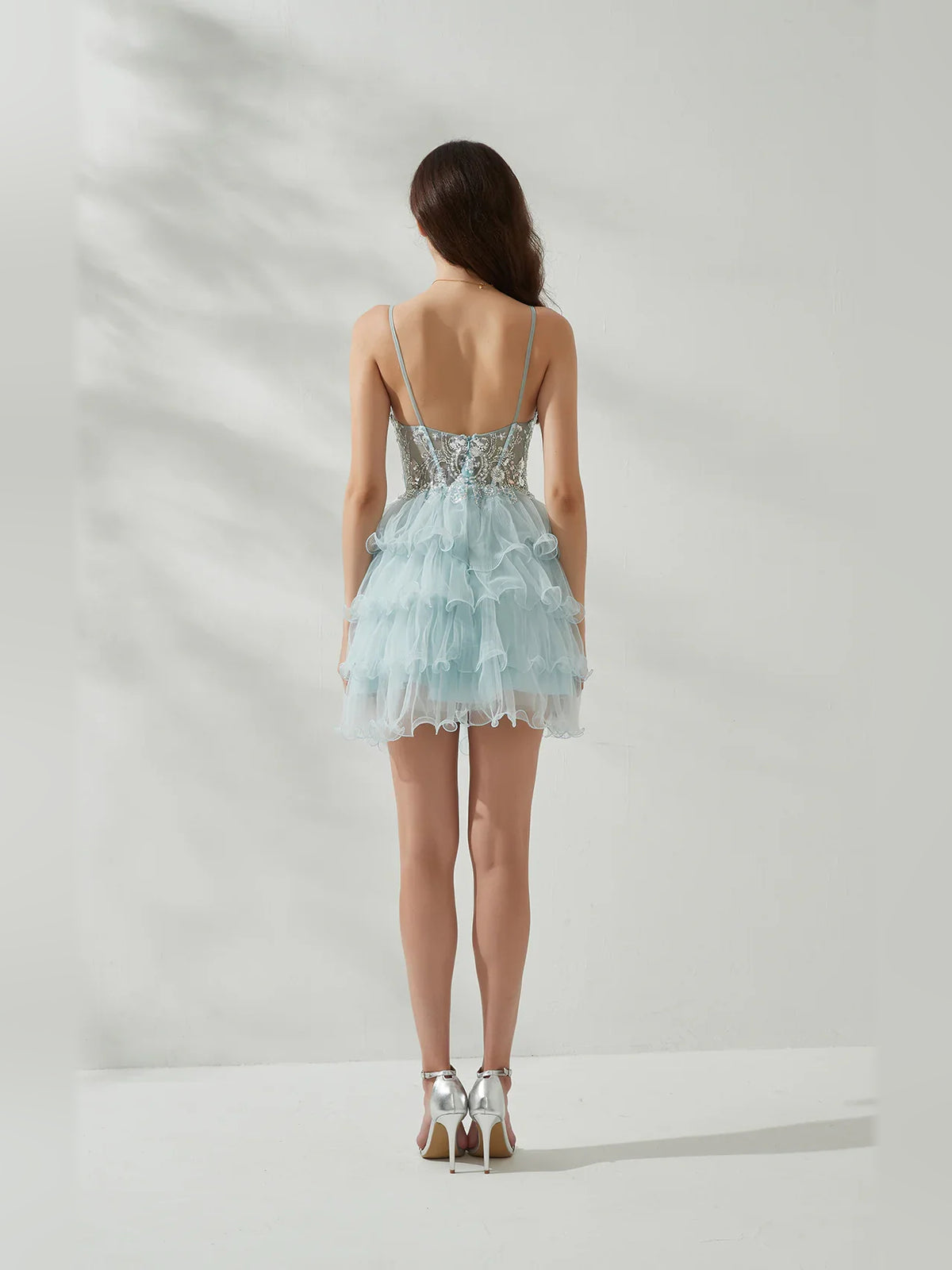 Baby Blue mini homecoming dress, alternate view showing the dress shape and hem
