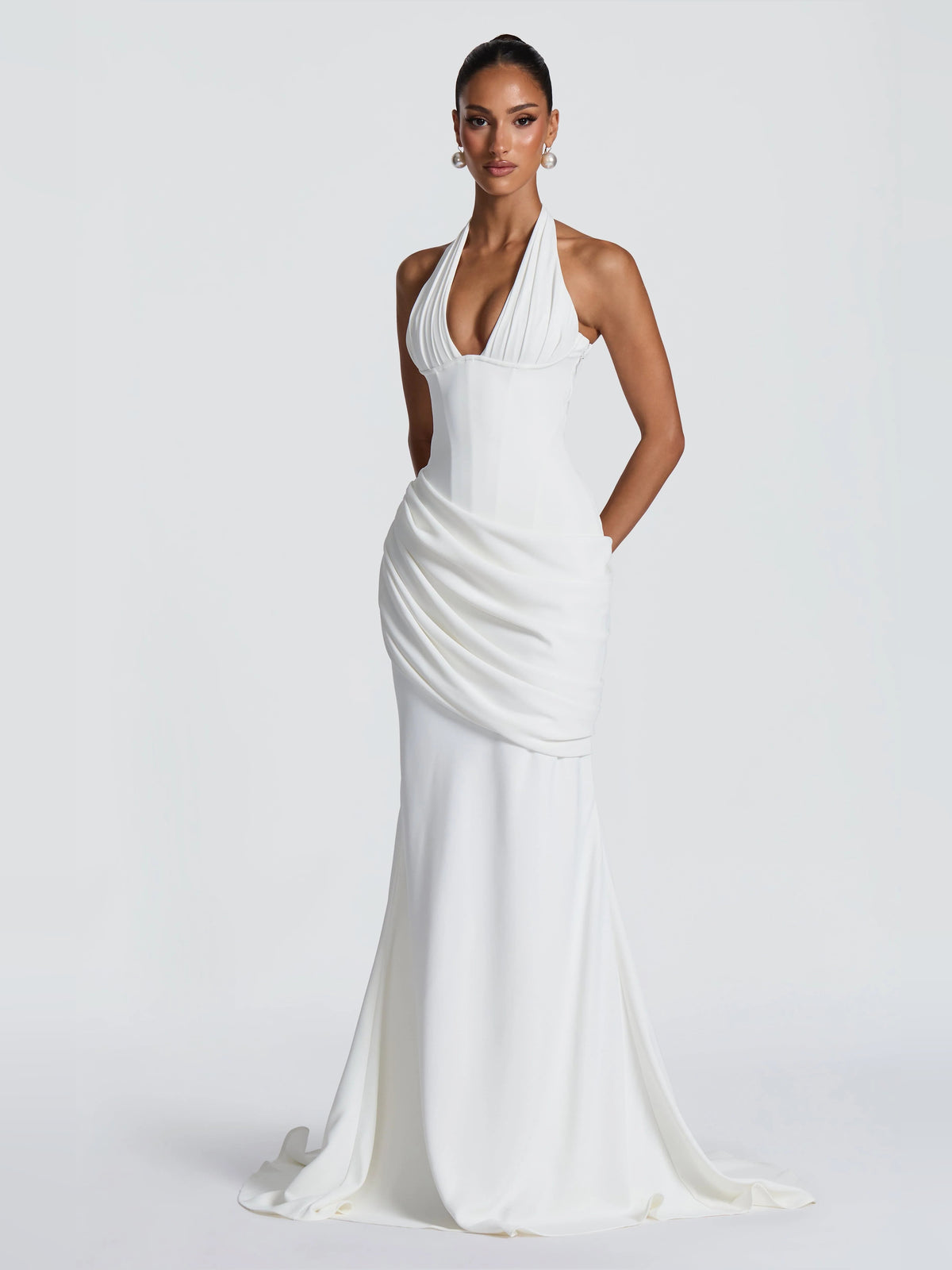 Ivory floor-length wedding dress, alternate view showing the dress shape and hem
