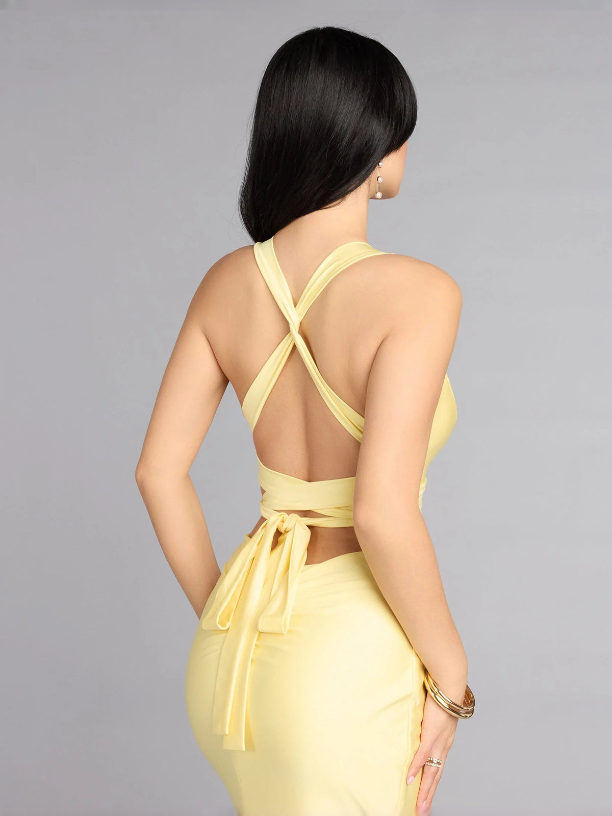 Pale Lemon maxi prom dress, alternate view showing the dress shape and hem