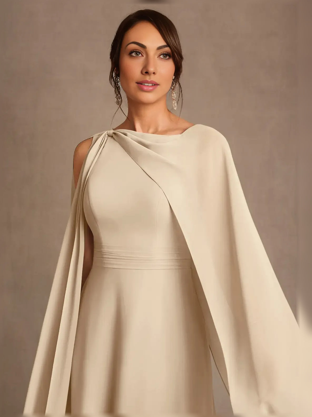 Champagne maxi mother of the bride dress, alternate view showing the dress shape and hem