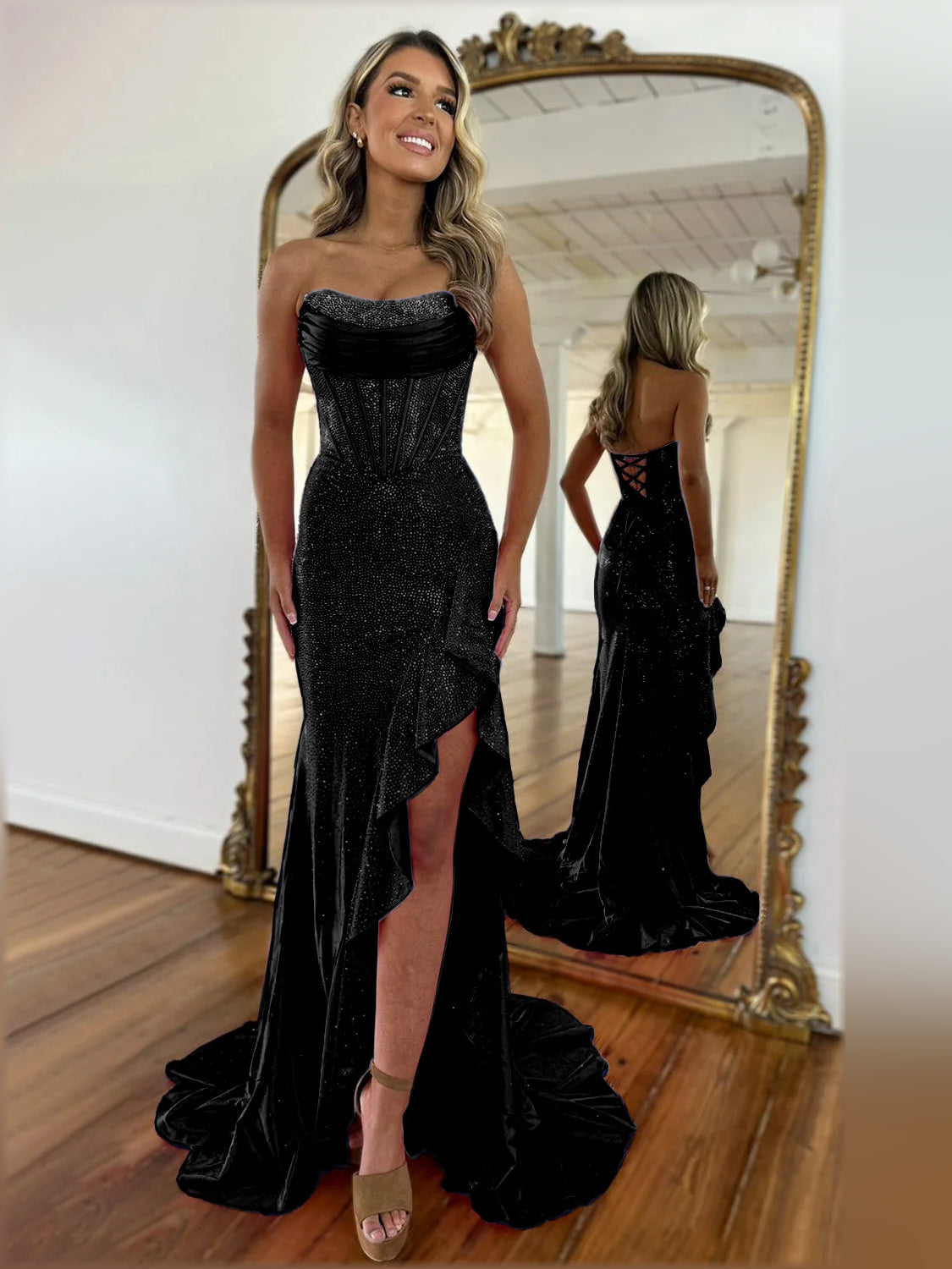 Black mermaid floor-length formal dress with skirt slit, alternate view