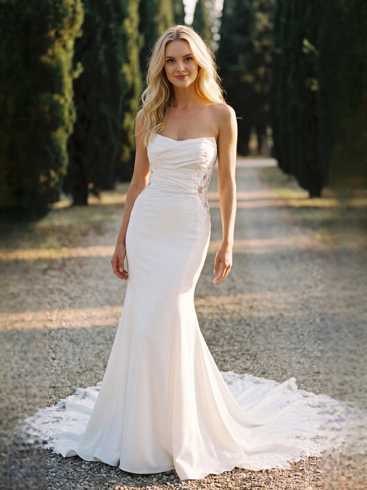 Ivory floor-length wedding dress, alternate view showing the dress shape and hem