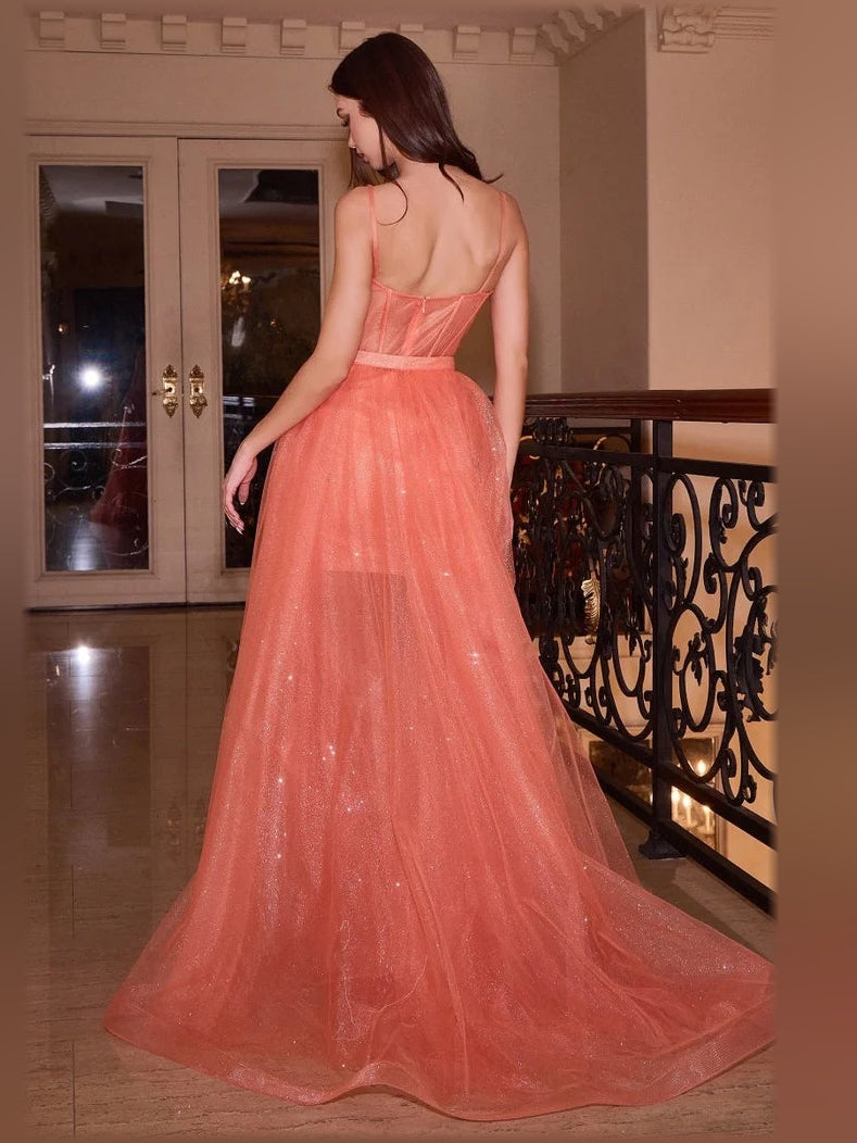 Orange a-line floor-length formal dress with floral appliqué, alternate view
