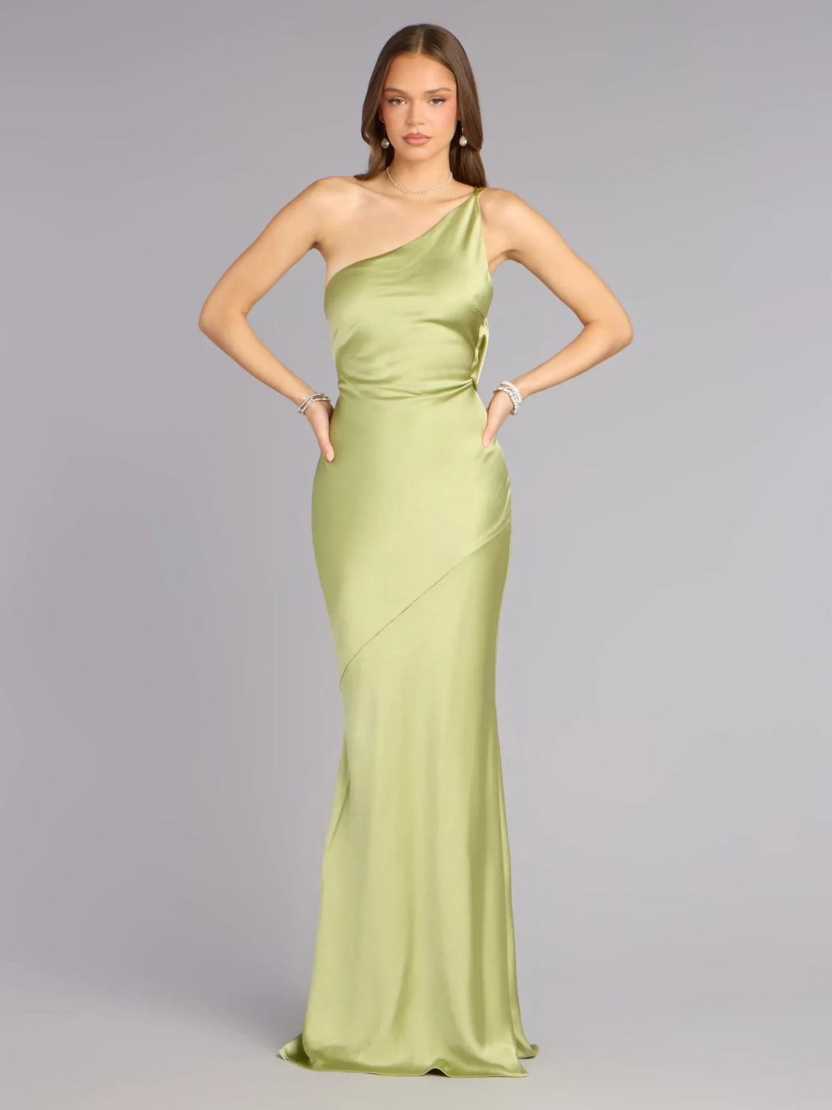 Sage Green maxi prom dress, back view showing the rear of the dress from another angle