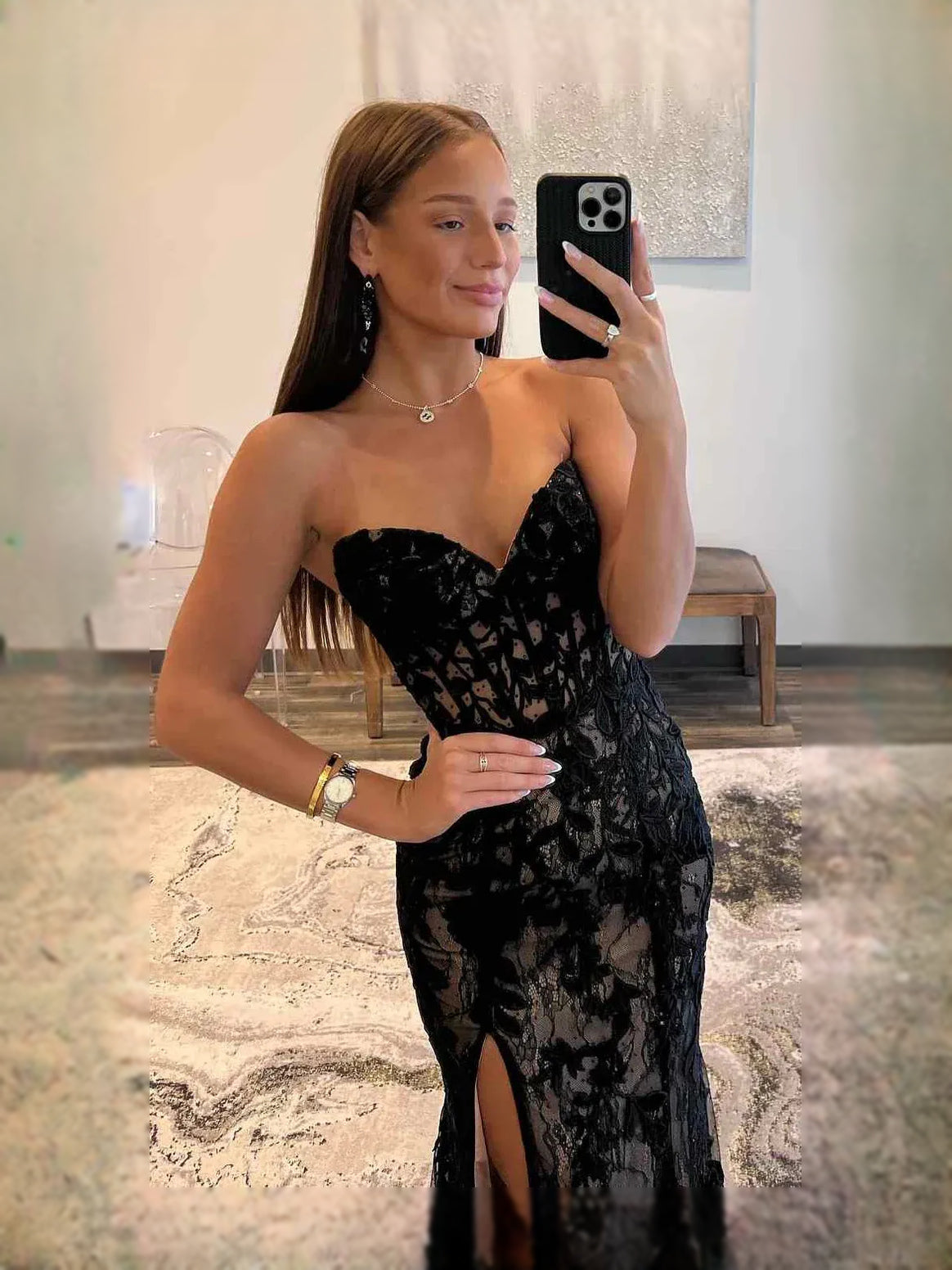 Black floor-length prom dress, alternate view showing the dress shape and hem