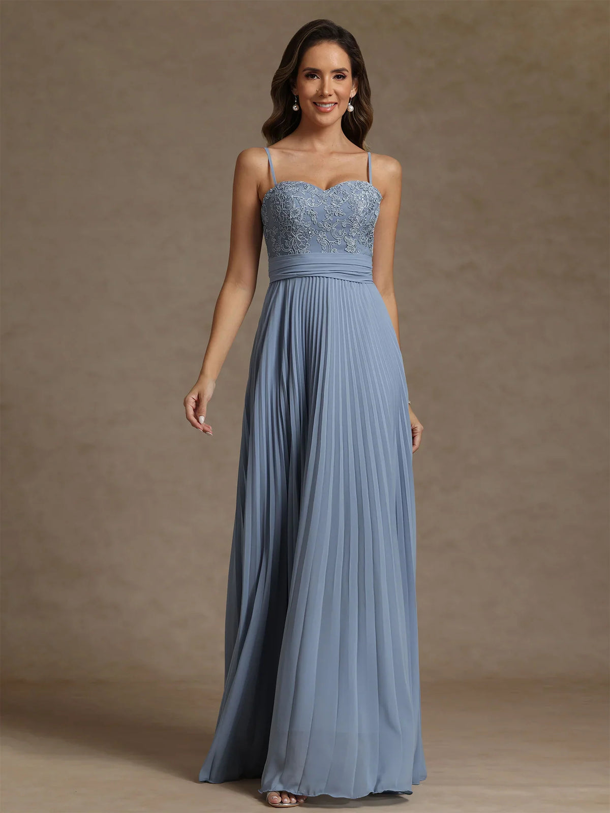 Dusty Blue floor-length mother of the bride dress, alternate view showing the dress shape and hem