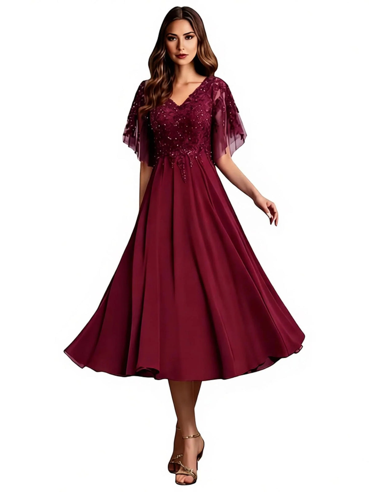 Burgundy a-line tea-length formal dress with embroidery, alternate view