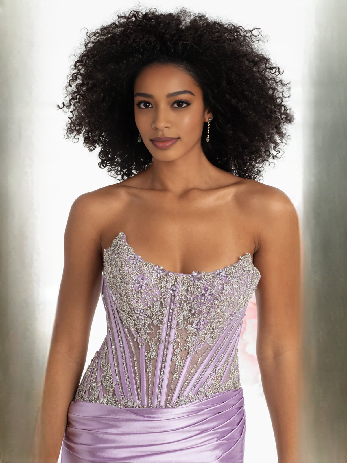 Lavender mermaid floor-length formal dress with corset-style bodice, alternate view
