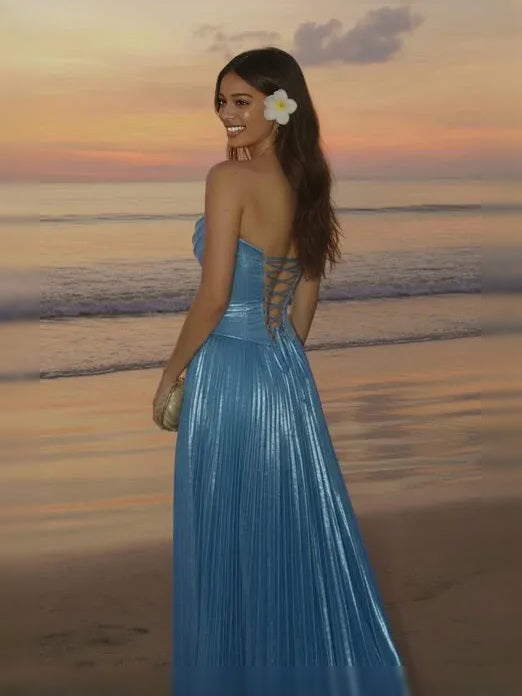 Blue maxi prom dress, alternate view showing the dress shape and hem