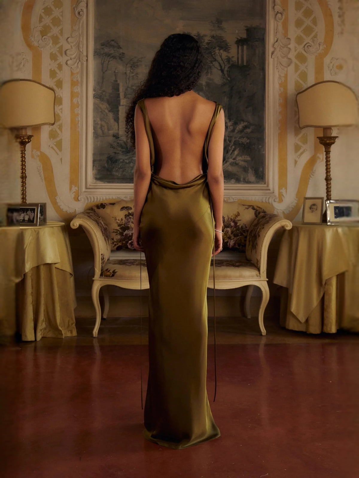 Olive Green maxi prom dress, alternate view showing the dress shape and hem