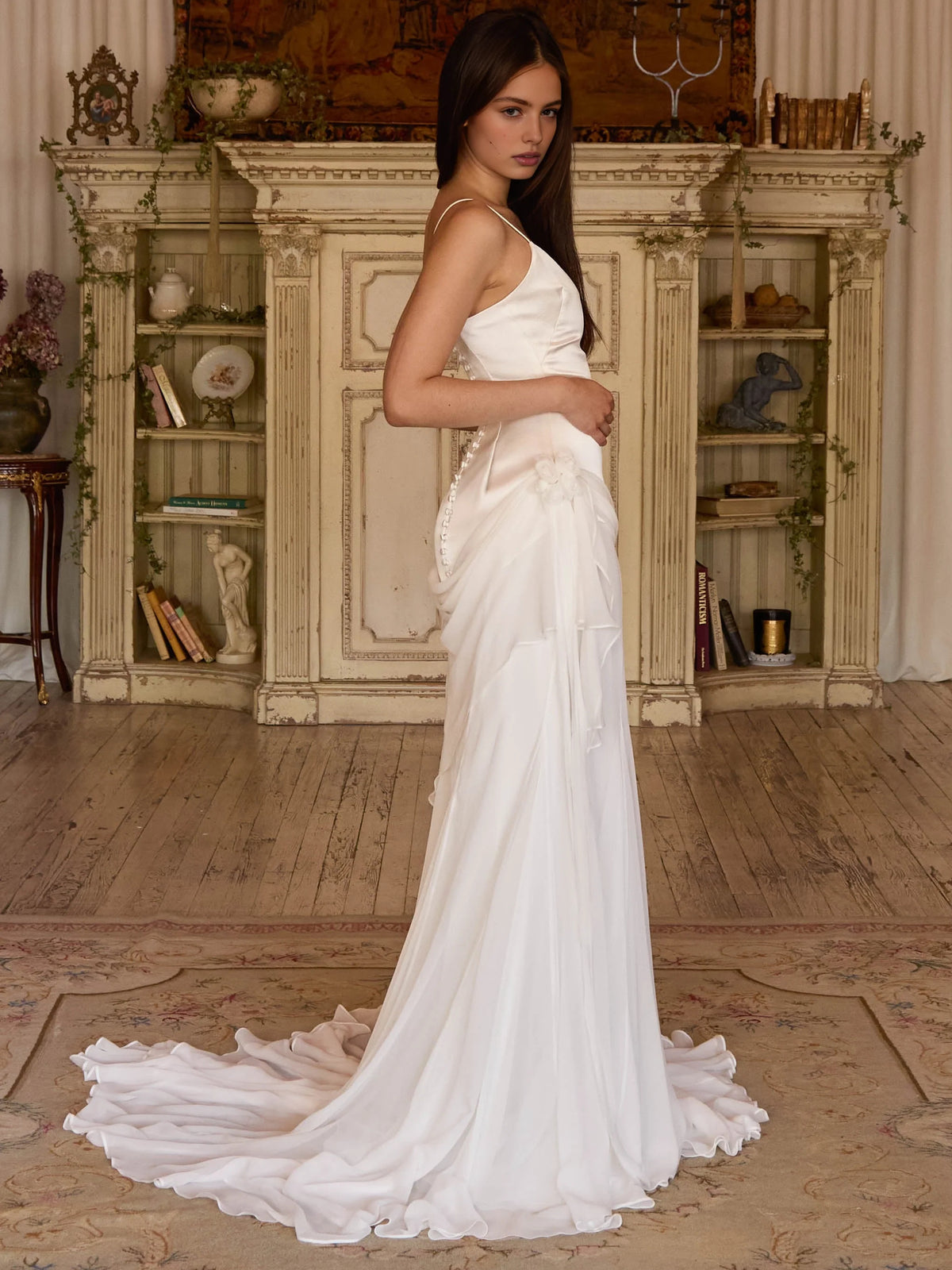 Ivory white maxi prom dress, alternate view showing the dress shape and hem