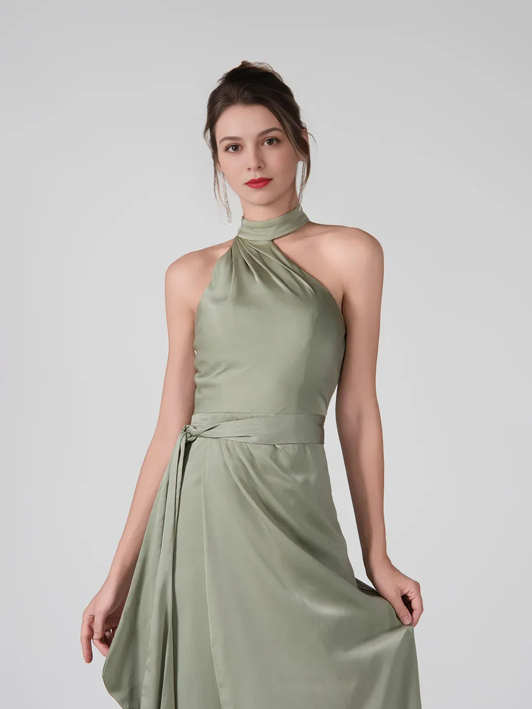Dusty Sage a-line floor-length formal dress with skirt slit, alternate view showing the bodice