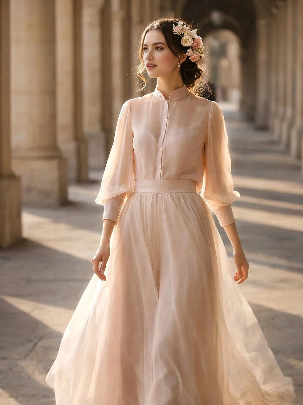 Champagne maxi prom dress, alternate view showing the dress shape and hem