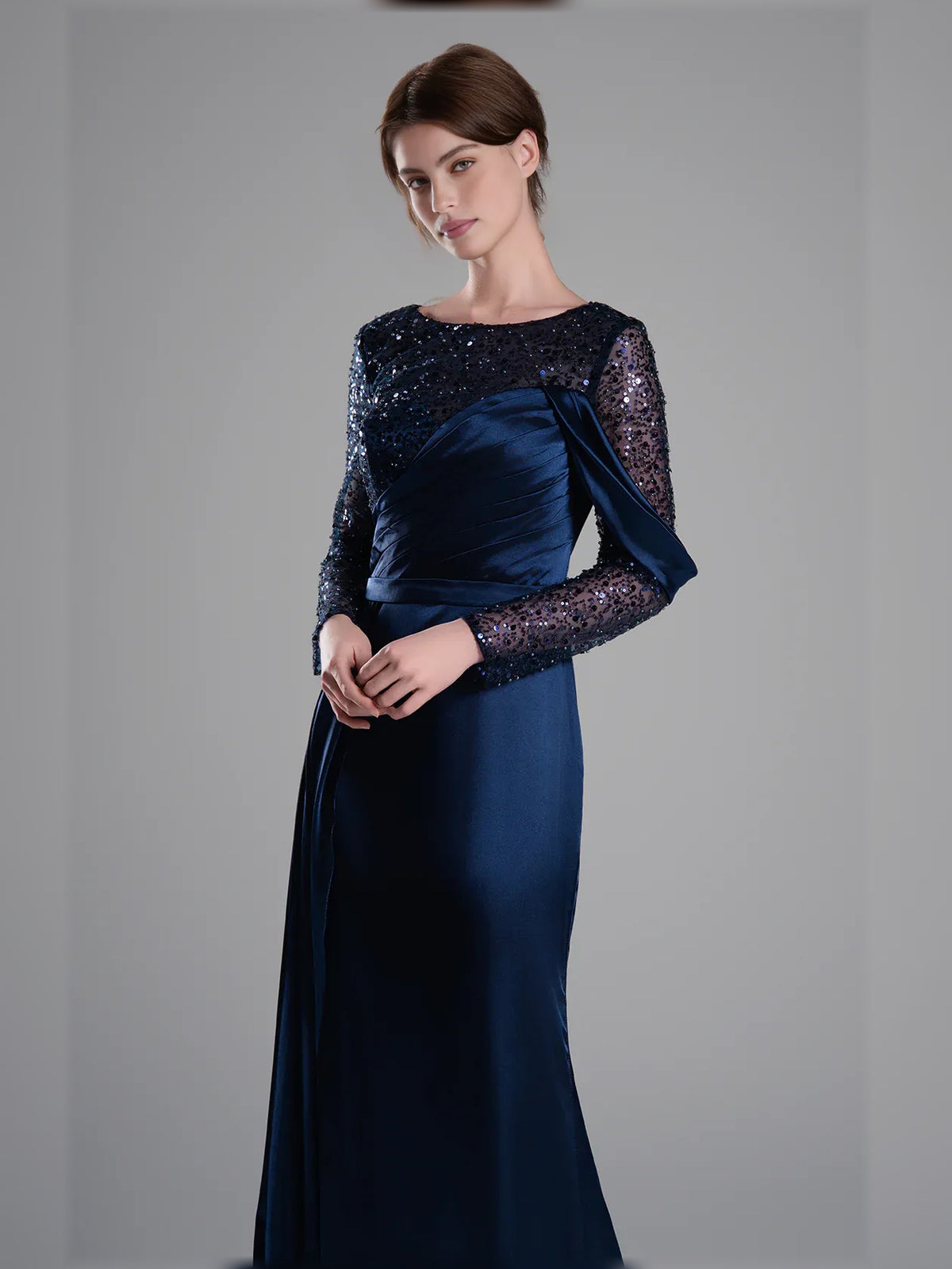 Navy Blue mermaid floor-length formal dress with ruching, alternate view