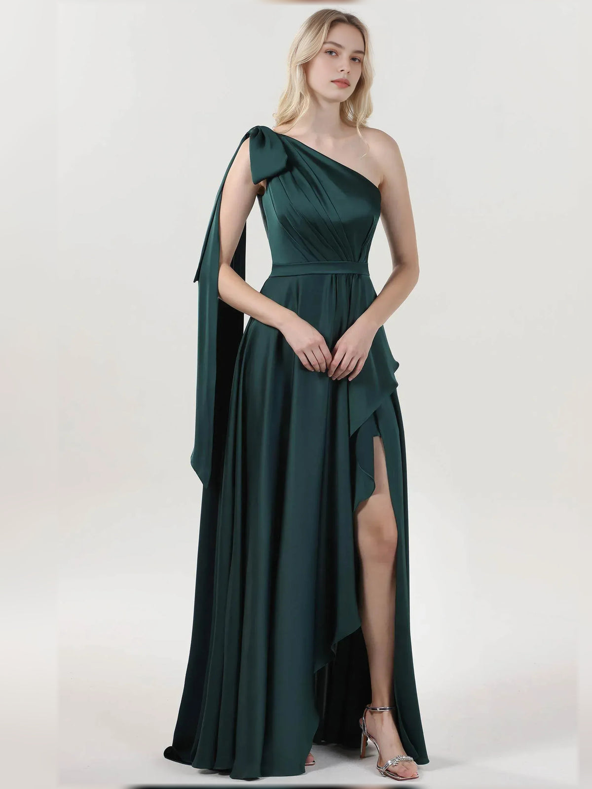 Peacock a-line floor-length formal dress with skirt slit, alternate view