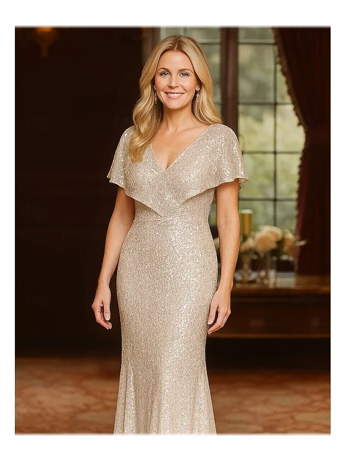Champagne floor-length mother of the bride dress, alternate view showing the dress shape and hem