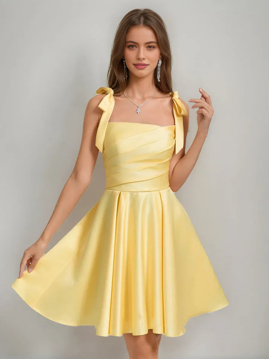 Marigold short homecoming dress, alternate view showing the dress shape and hem