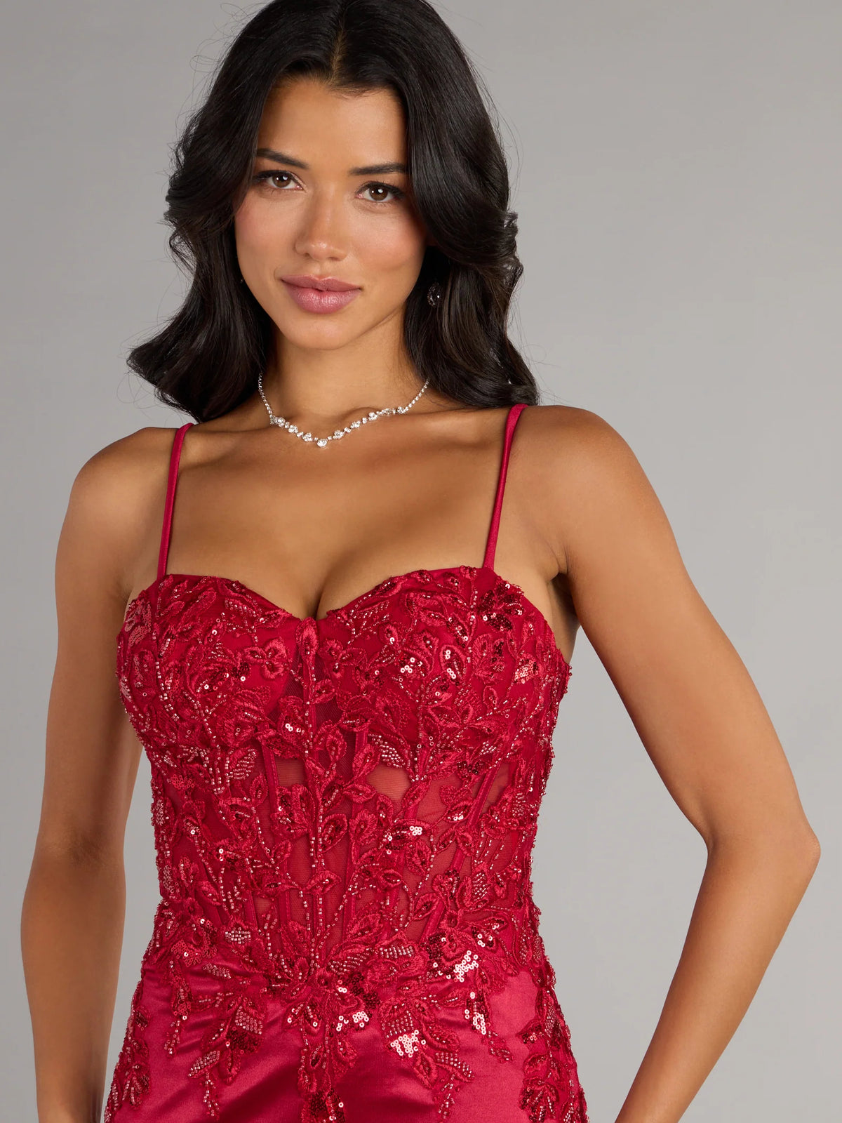 Red mini homecoming dress, alternate view showing the dress shape and hem