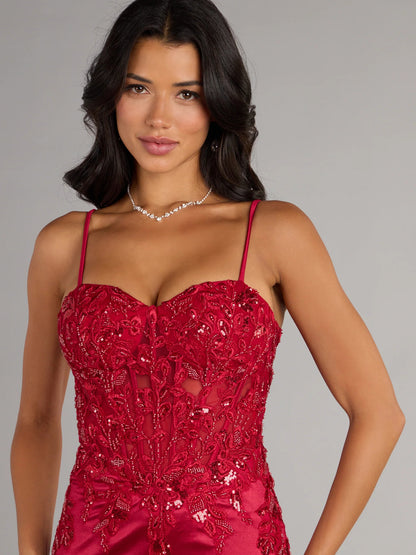 Red mini homecoming dress, alternate view showing the dress shape and hem