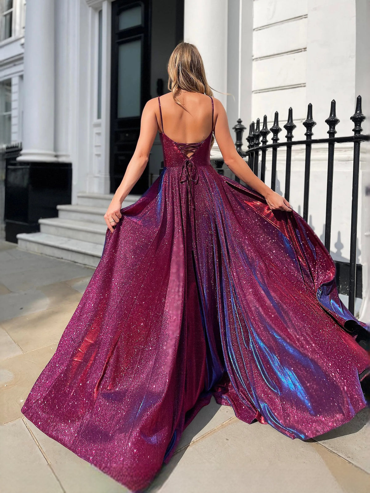 Mulberry floor-length prom dress, alternate view showing the dress shape and hem