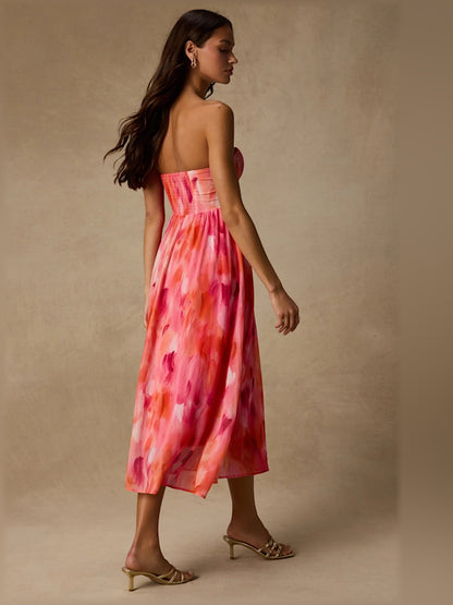 Coral Pink midi formal dress with printed pattern, alternate view showing the bodice