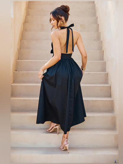 Black midi formal dress with halter neckline, alternate view showing the bodice
