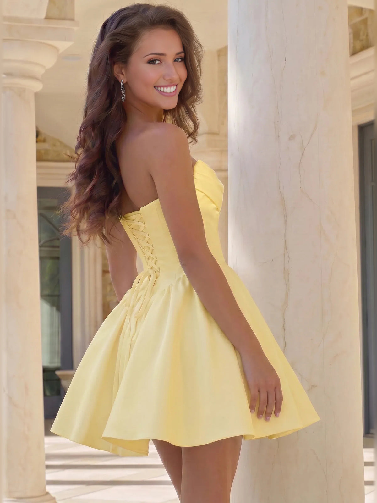 Pale Lemon mini homecoming dress, alternate view showing the dress shape and hem