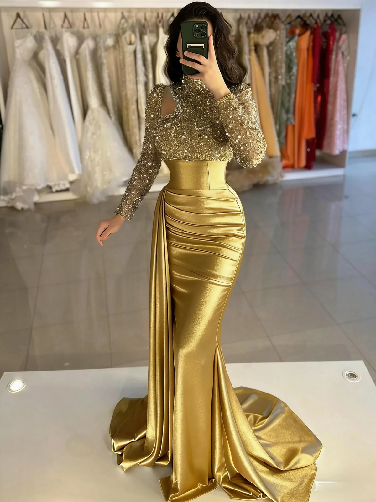 Gold mermaid floor-length formal dress with skirt slit, alternate view