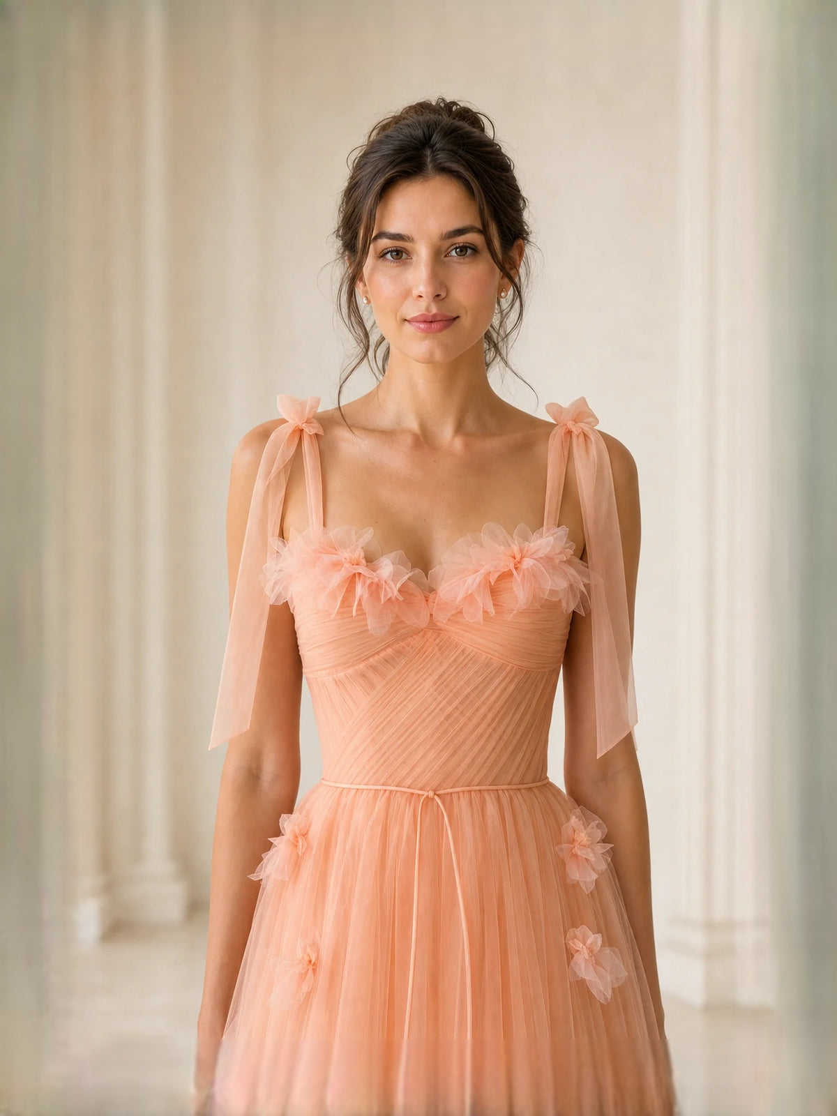 Orange midi prom dress, alternate view showing the dress shape and hem