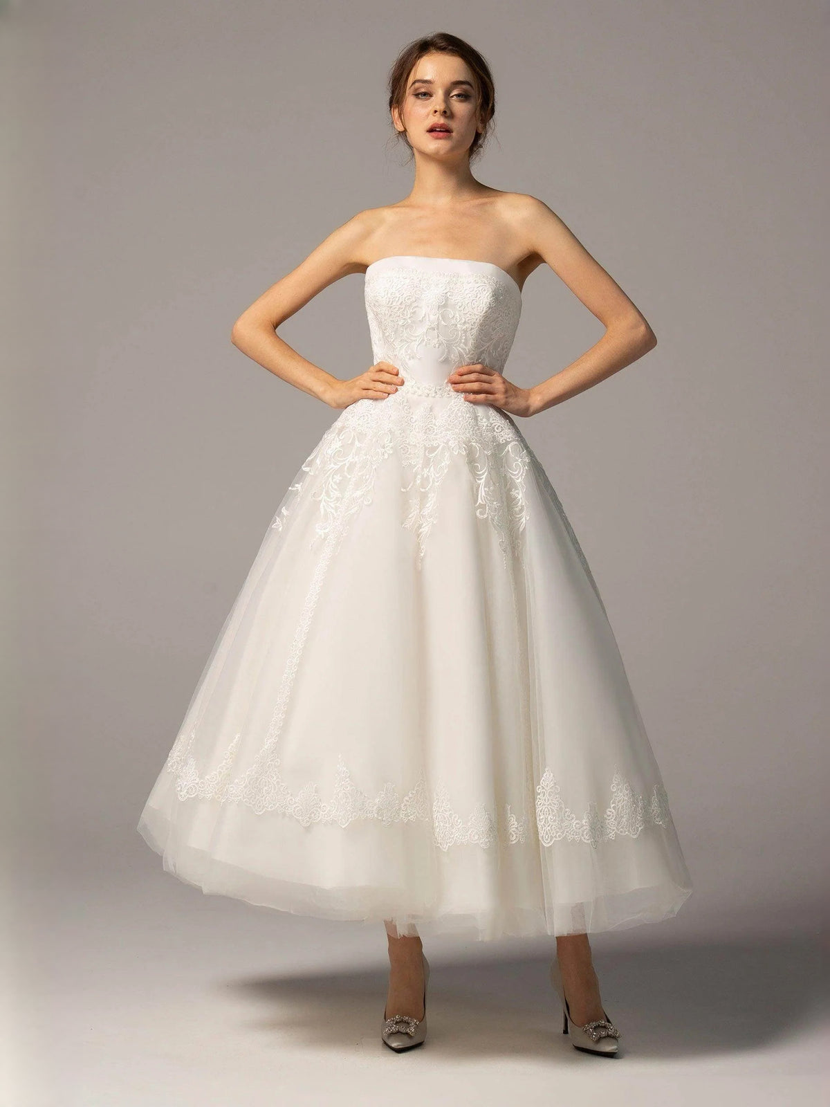 Ivory short wedding dress, alternate view showing the dress shape and hem