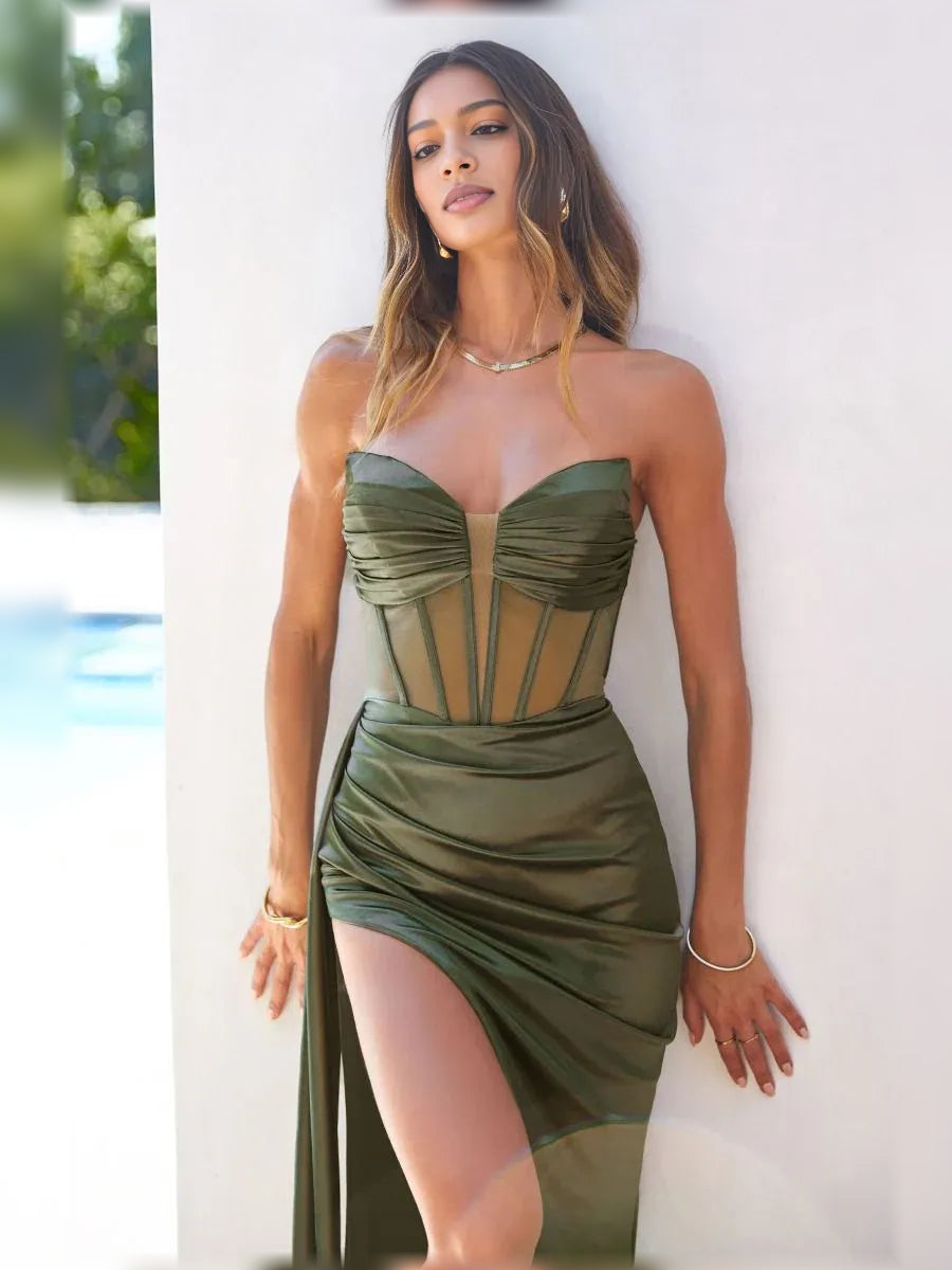Olive Green sheath floor-length formal dress with corset-style bodice, alternate view