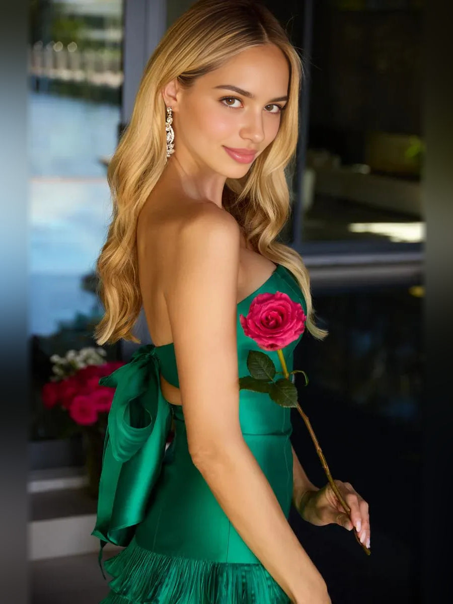 Emerald Green mini homecoming dress, alternate view showing the dress shape and hem