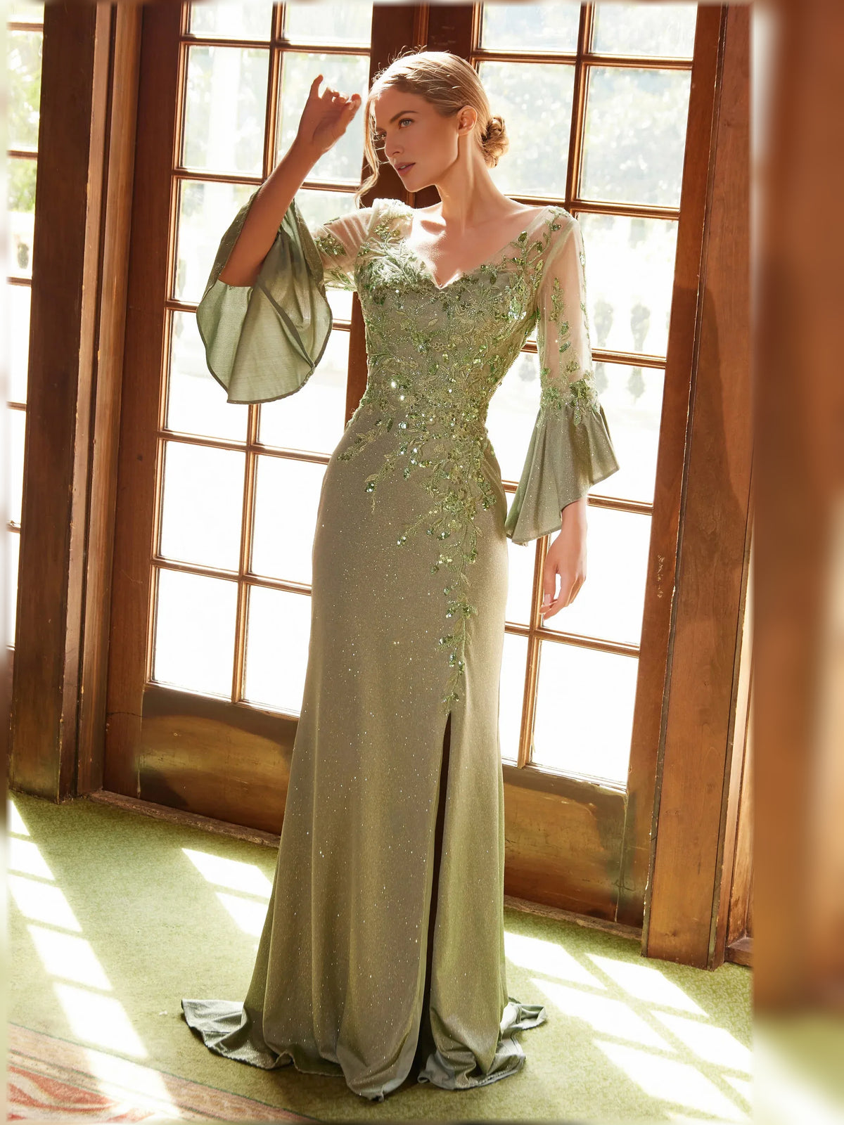 Sage Green maxi mother of the bride dress, alternate view showing the dress shape and hem