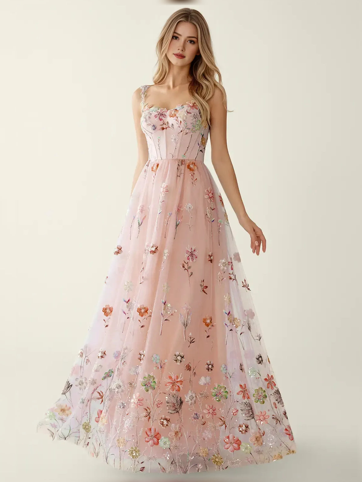 Blush Pink fit-and-flare floor-length formal dress with sequins, alternate view