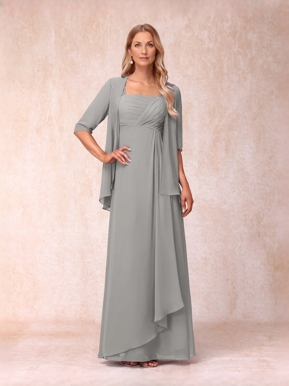 Grey floor-length mother of the bride dress, alternate view showing the dress shape and hem